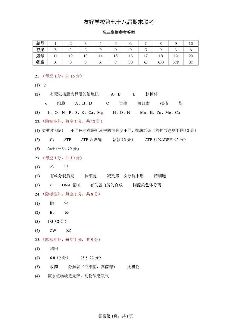 友好学校第七十八届期末联考高三生物试题及答案 高三生物答案第1页