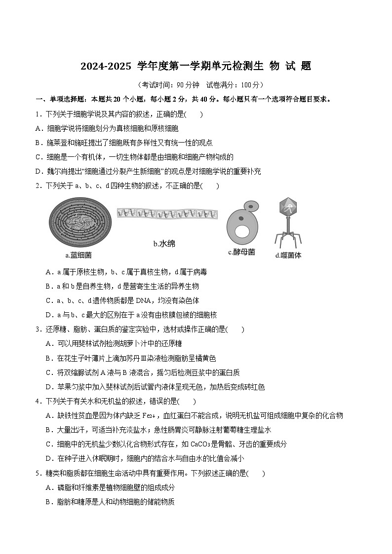 山东省滕州市第一中学2024-2025学年高一上学期12月单元检测生物试卷第1页