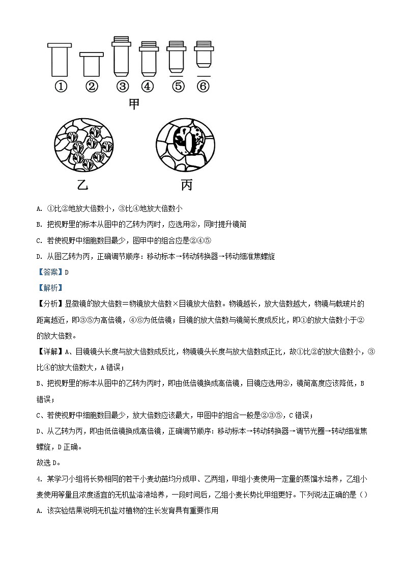江西省上饶市2023_2024学年高一生物上学期期中试题含解析第3页