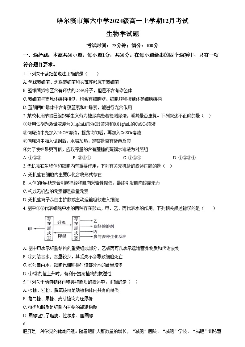 黑龙江省哈尔滨市第六中学校2024-2025学年高一上学期12月月考生物试题  Word版无答案第1页
