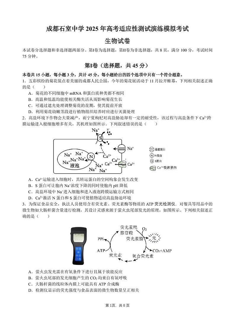 四川省成都市石室中学2025届高三上学期高考适应性测试演练模拟考试生物试卷（PDF版）含答案第1页