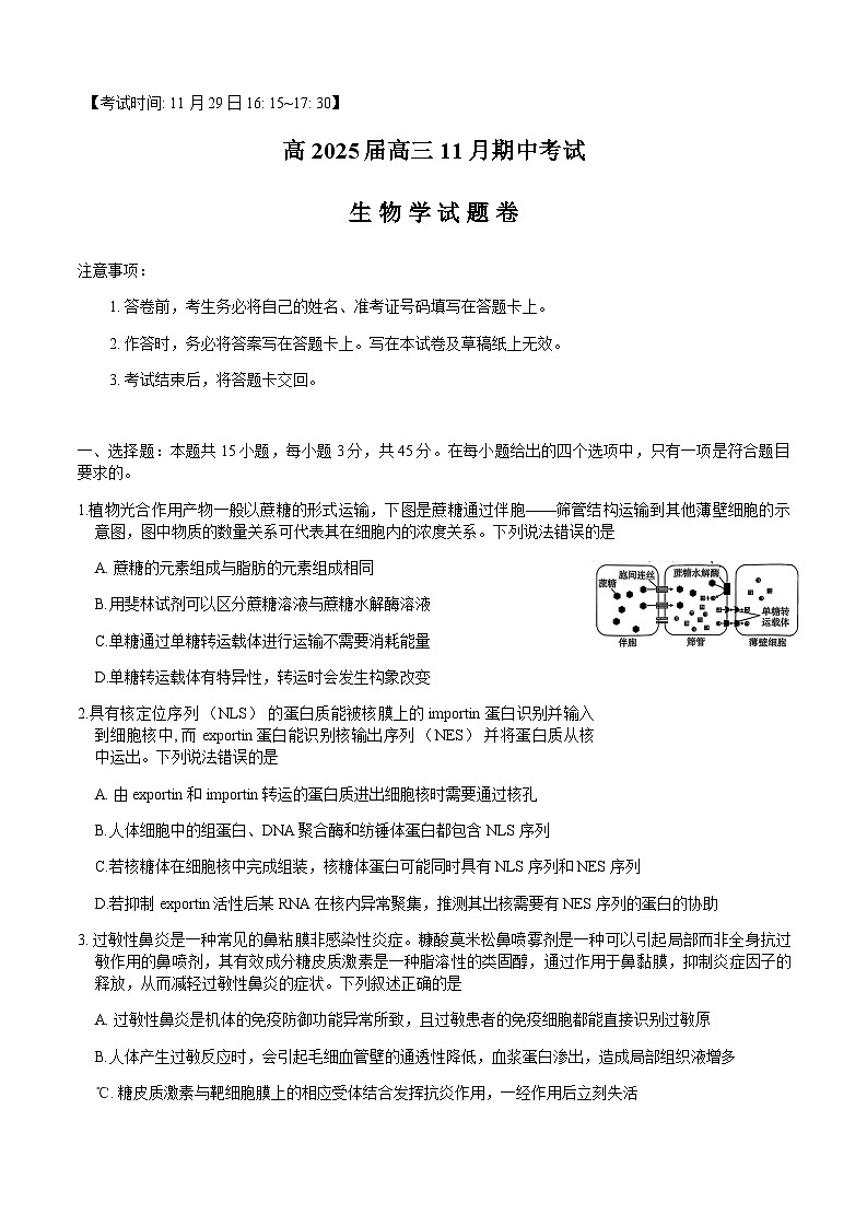 重庆市顶级名校2025届高三上学期11月期中考试生物试卷含答案第1页