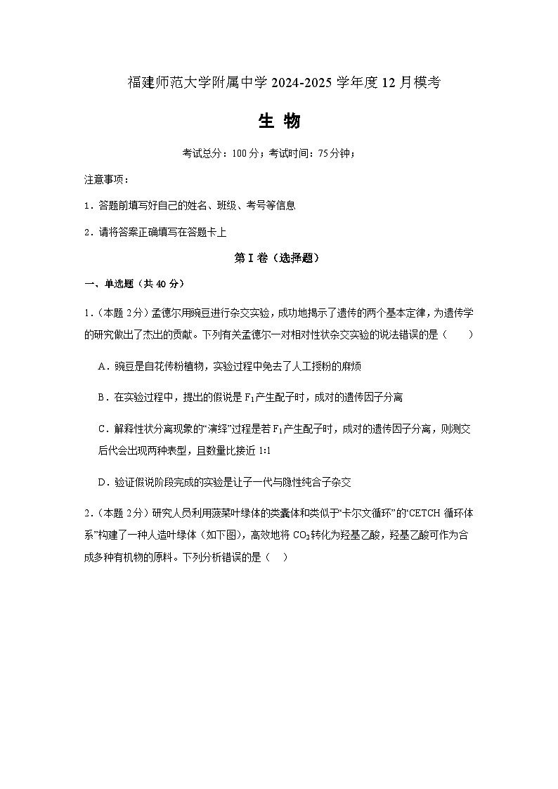 福建师范大学附属中学2024-2025学年高三上学期12月模拟考试生物试卷含答案第1页
