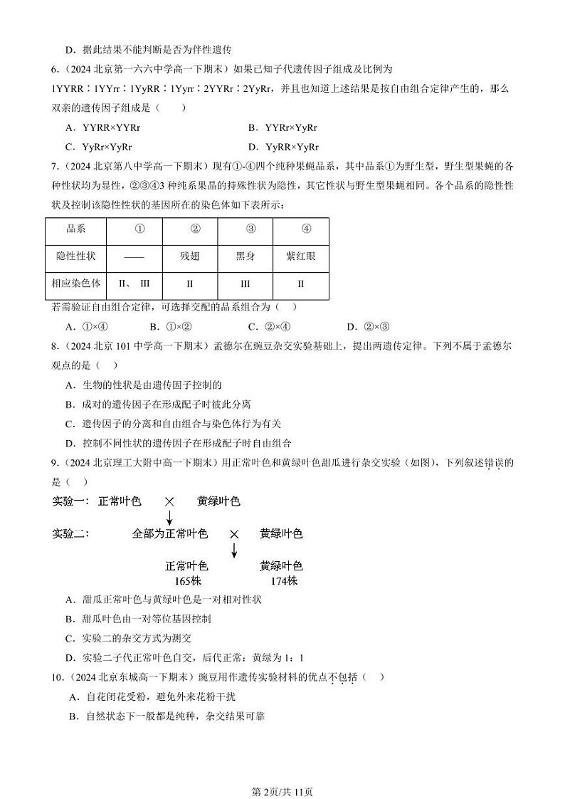 2024北京重点校高一（下）期末真题生物汇编：孟德尔的豌豆杂交实验（二）第2页