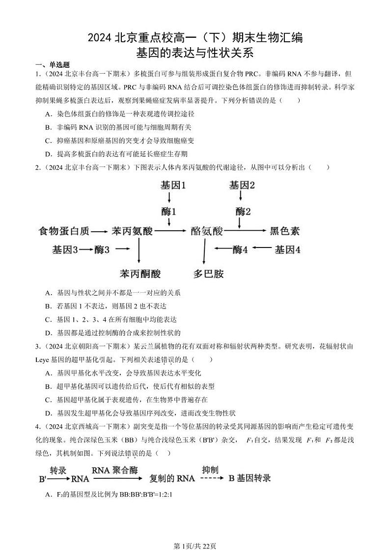 2024北京重点校高一（下）期末真题生物汇编：基因的表达与性状关系第1页