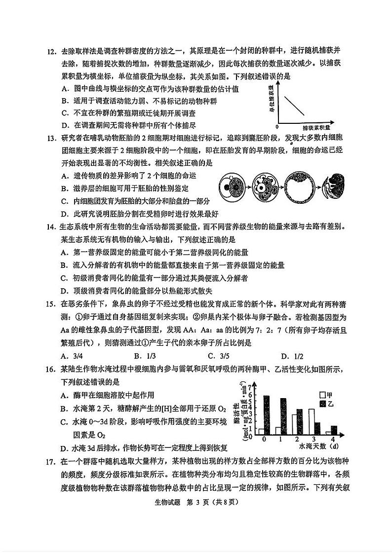 2025届诸暨市高三上学期12月生物试题第3页