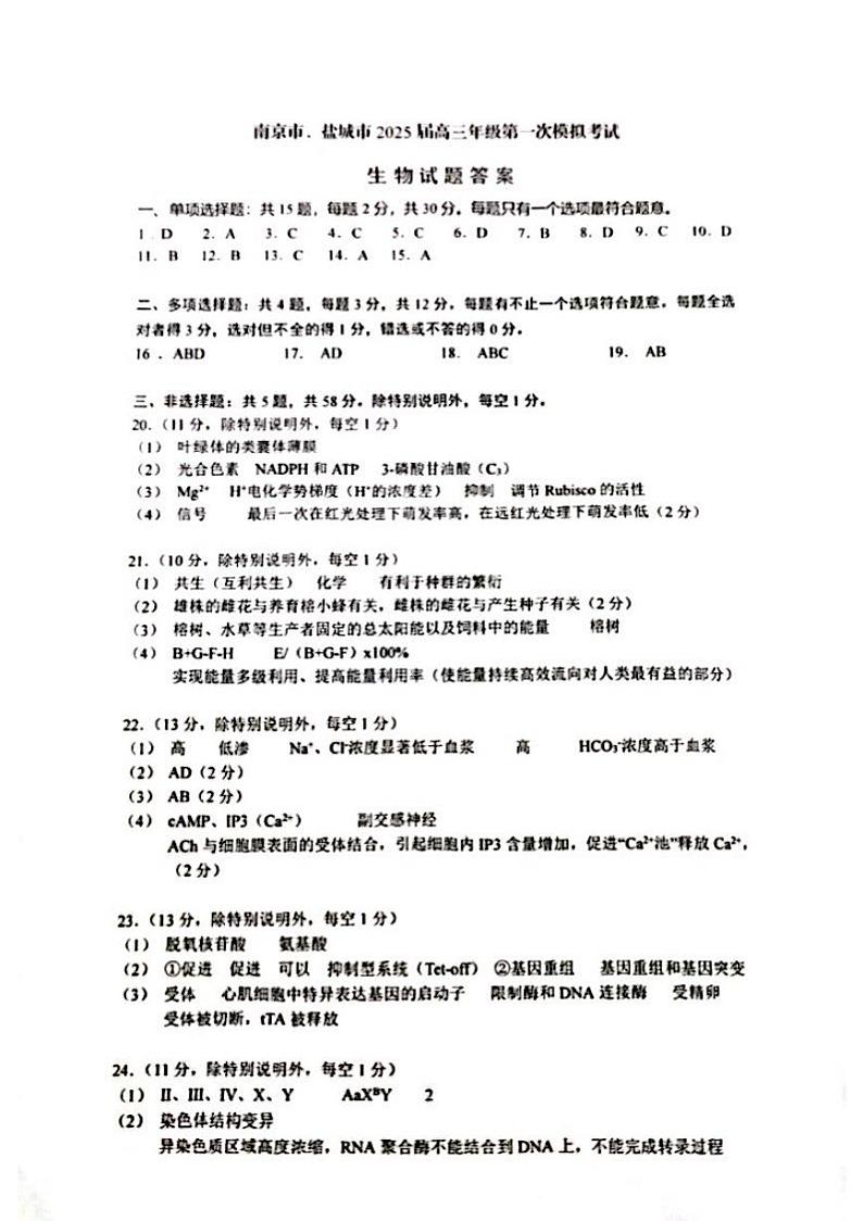 南京盐城一模生物答案202501第1页