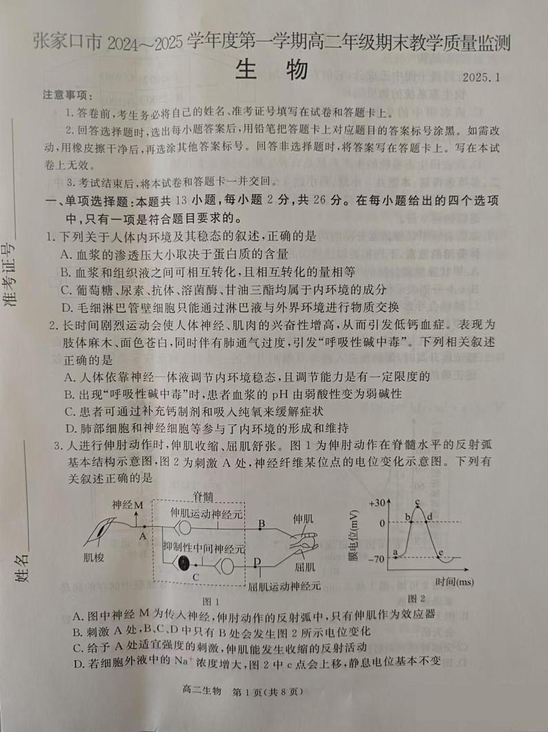 河北省张家口市2024-2025学年高二上学期1月期末考试生物试题第1页