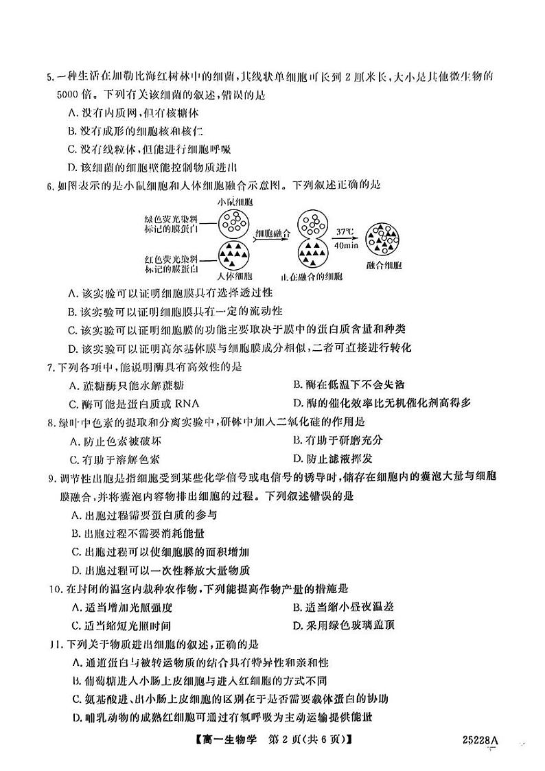 吉林省四平市实验学校2024-2025学年高一上学期期末考试生物试题第2页