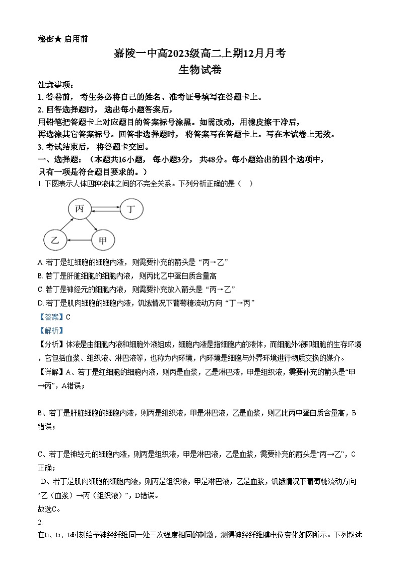 四川省南充市嘉陵第一中学2024-2025学年高二上学期12月月考生物试卷（Word版附解析）第1页