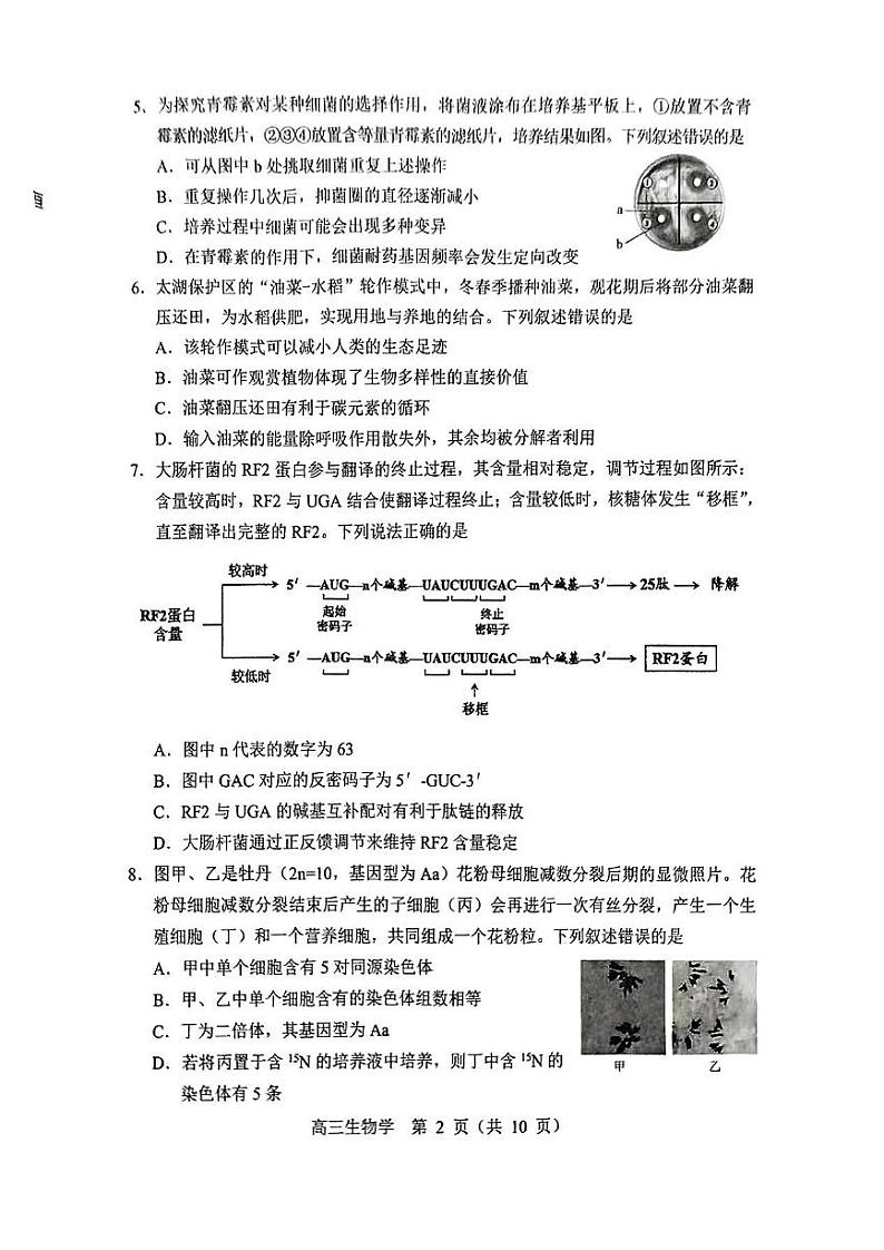 沈阳一模生物试卷第2页