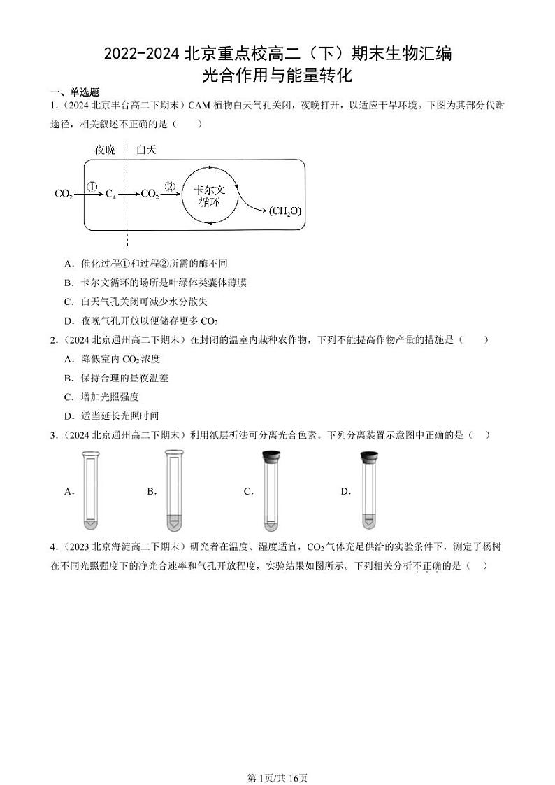 2022-2024北京重点校高二（下）期末真题生物汇编：光合作用与能量转化第1页