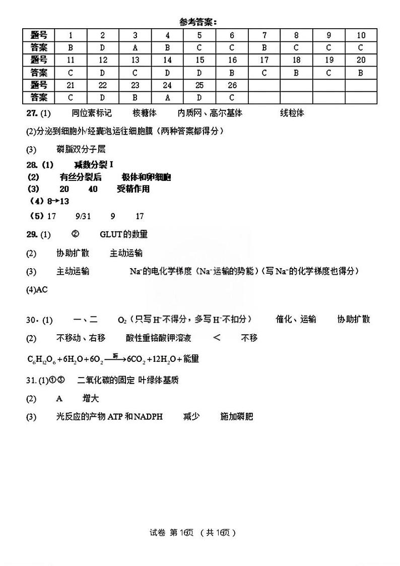 南开中学24年秋高一期末——生物答案第1页