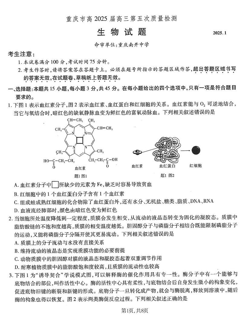 重庆市南开中学高2025届高三上学期1月第五次质量检测生物+答案第1页