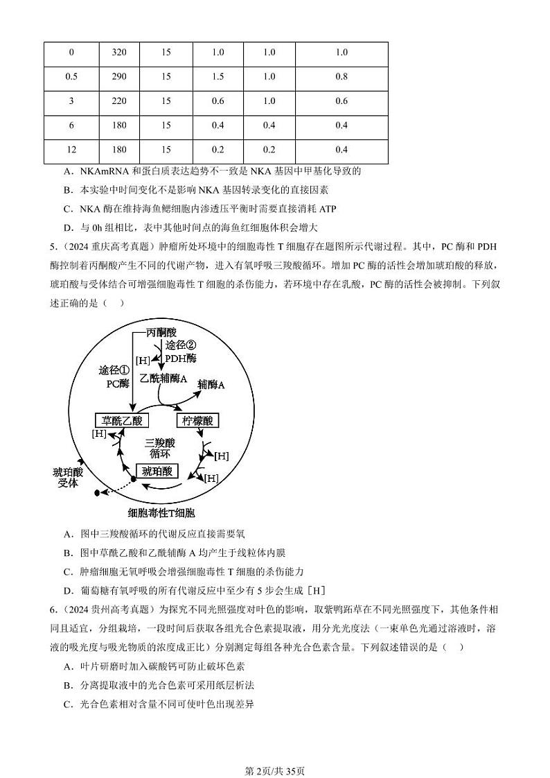 2024全国高考真题生物汇编：细胞的能量供应和利用章节综合第2页