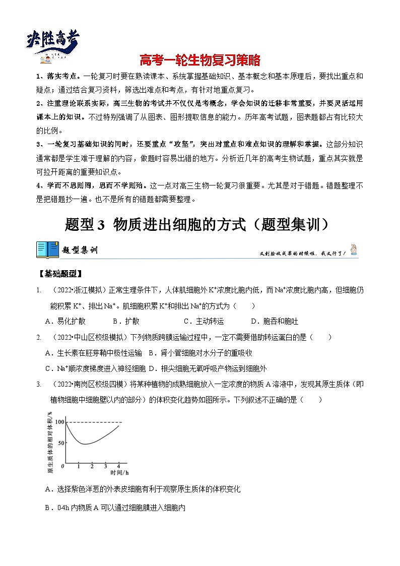 题型3 物质进出细胞的方式（题型集训）（原卷版）第1页