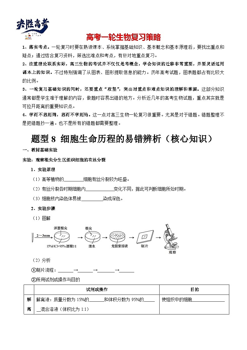 题型8 细胞生命历程的易错辨析（核心知识）（原卷版）第1页