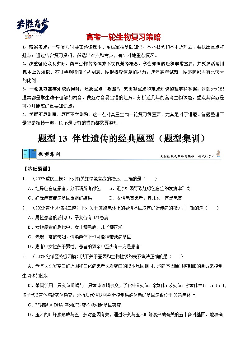 题型13 伴性遗传的经典题型（题型集训）（原卷版）第1页