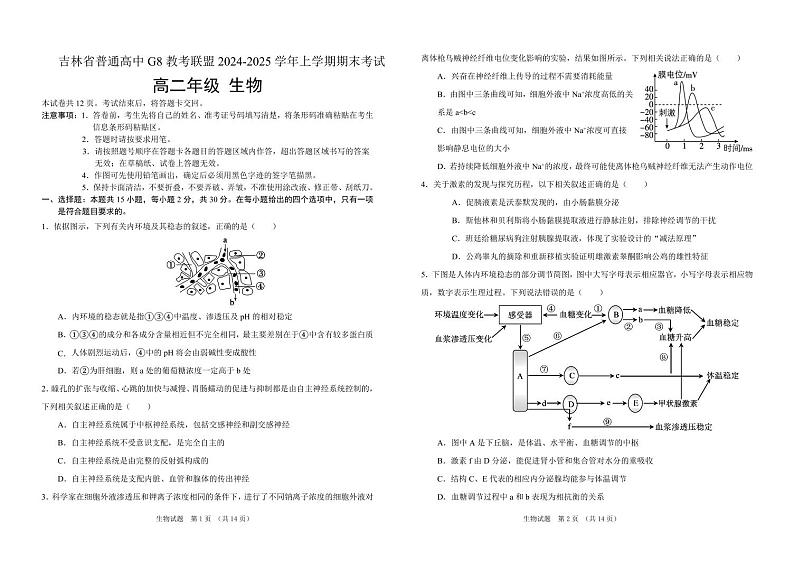 吉林省普通高中G8教考联盟2024-2025学年高二上学期期末考试 生物试卷（含答案）第1页
