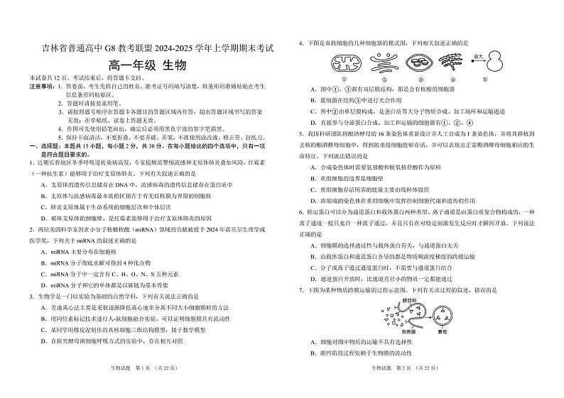 吉林省普通高中G8教考联盟2024-2025学年高一上学期期末考试 生物试卷（含答案）第1页