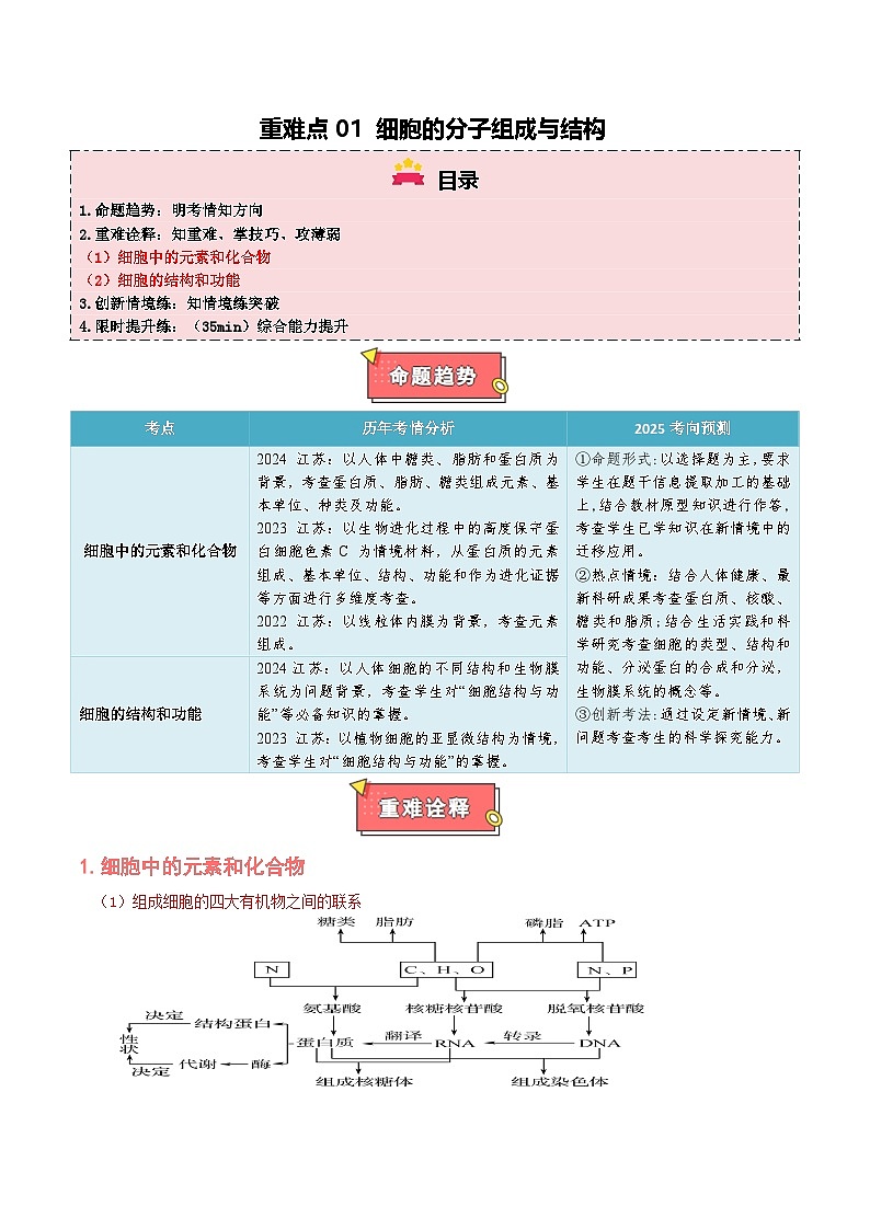 重难点01 细胞的分子组成与结构-2025年高考生物 热点 重点 难点 专练（江苏专用）（原卷版）第1页