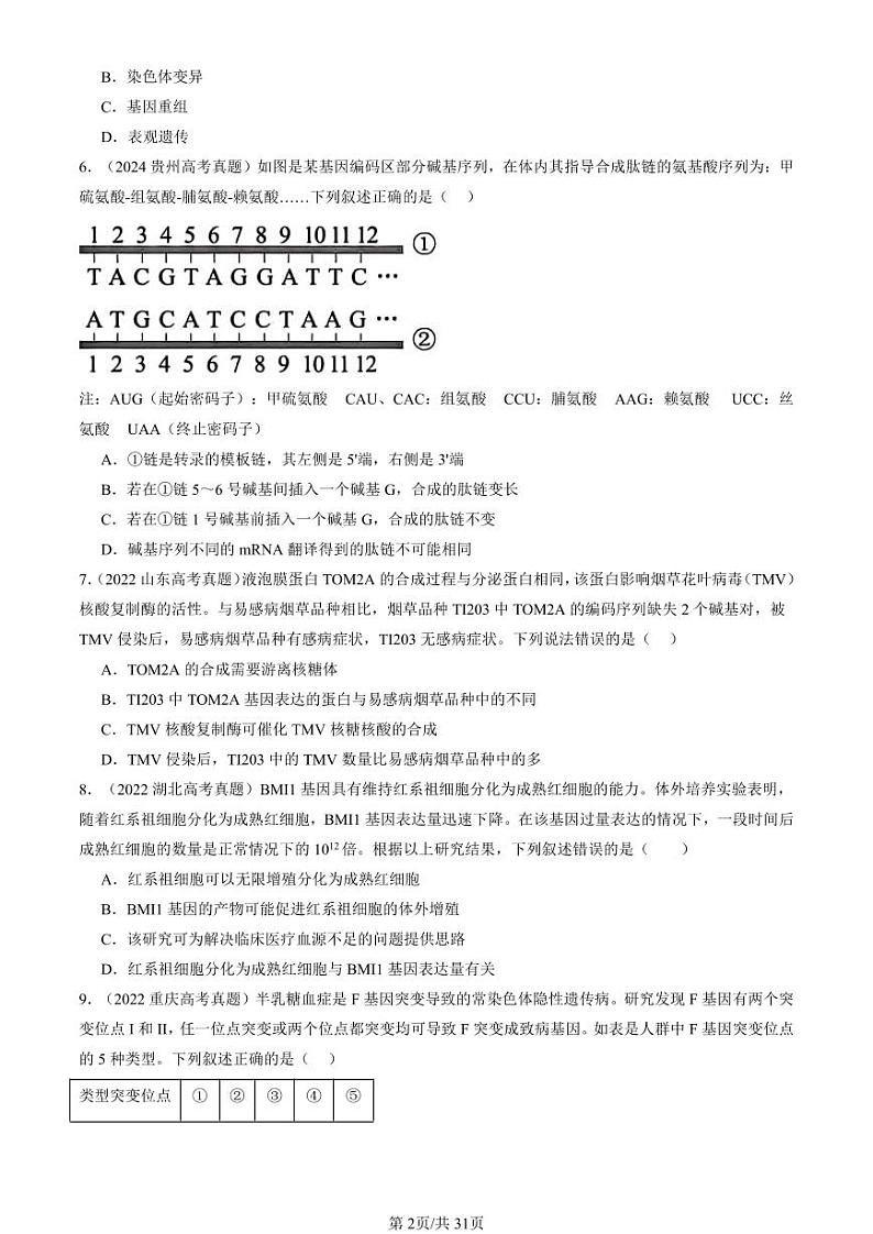 2022-2024全国高考真题生物汇编：基因突变和基因重组第2页