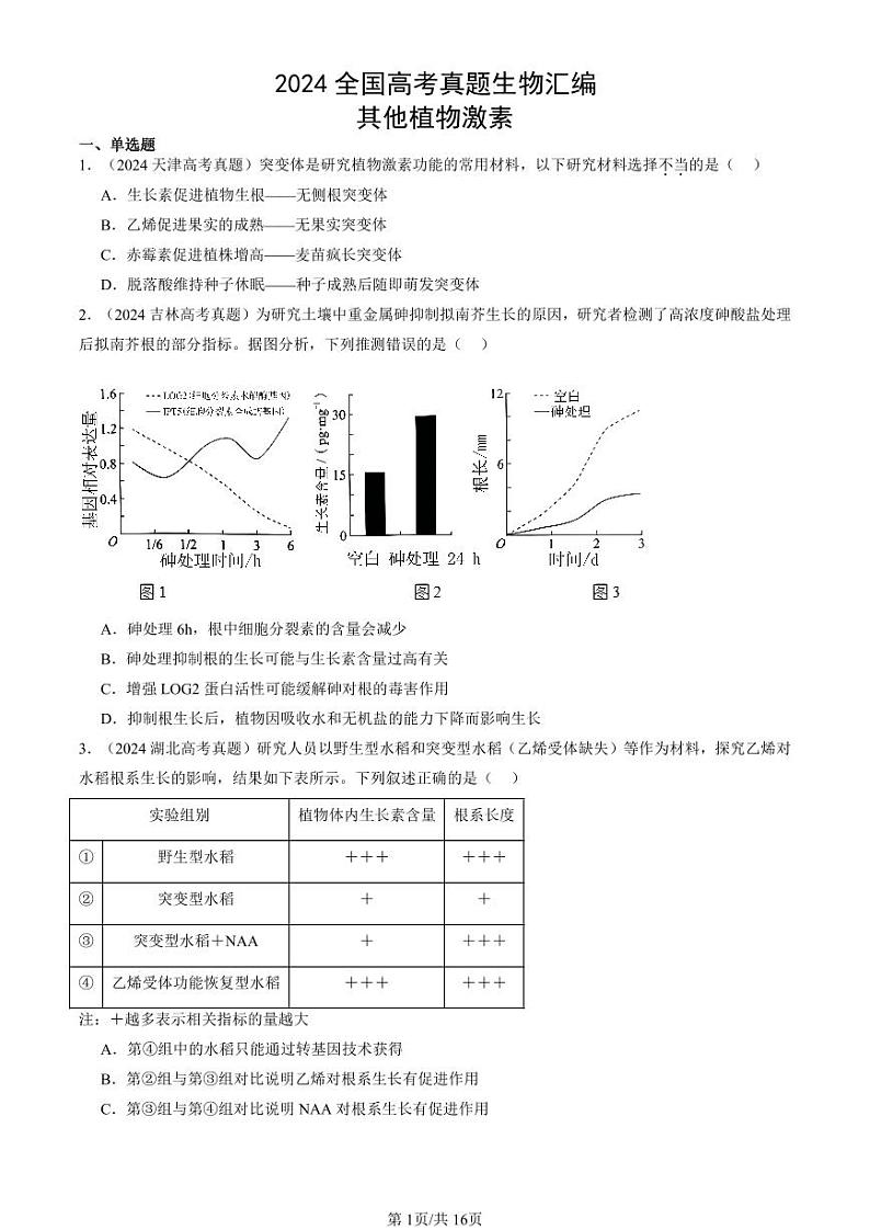 2024全国高考真题生物汇编：其他植物激素第1页