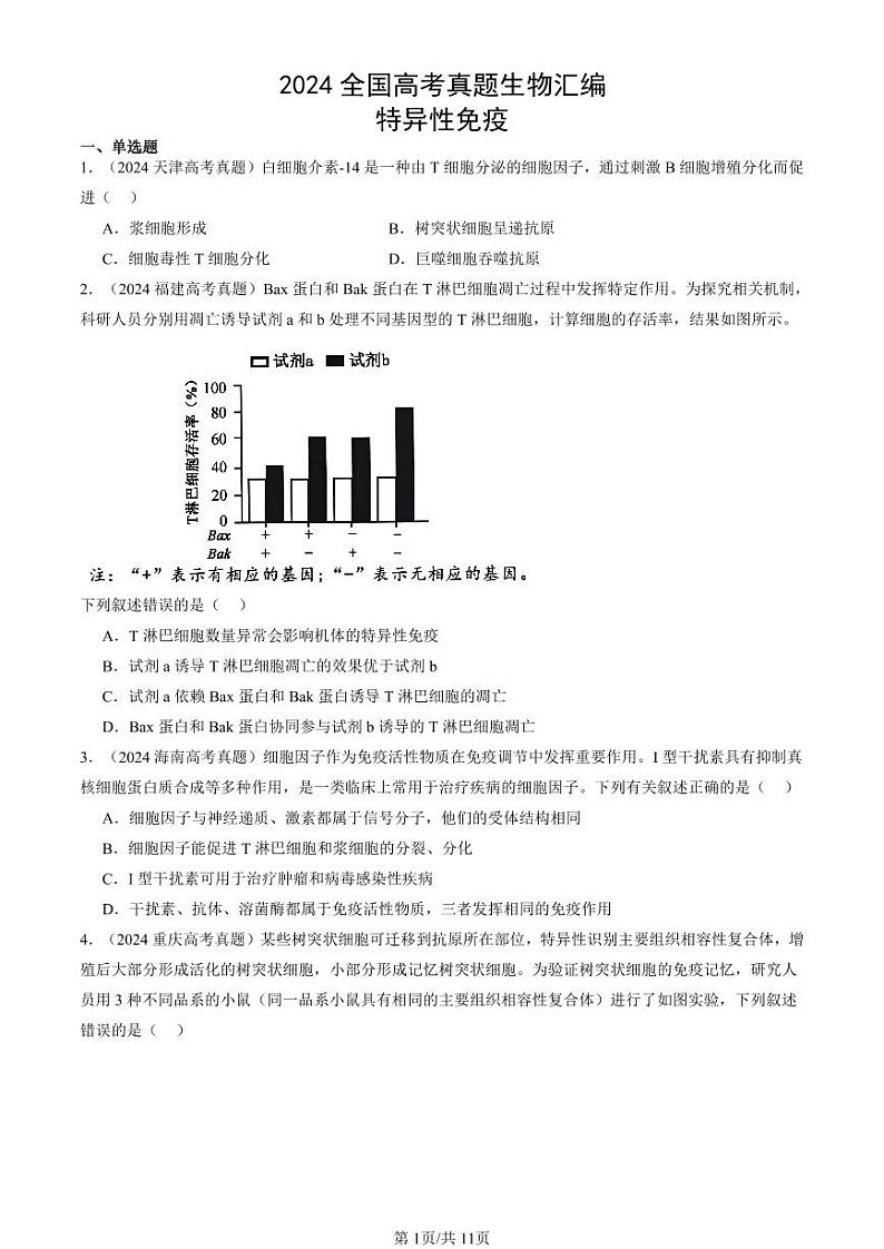 2024全国高考真题生物汇编：特异性免疫第1页