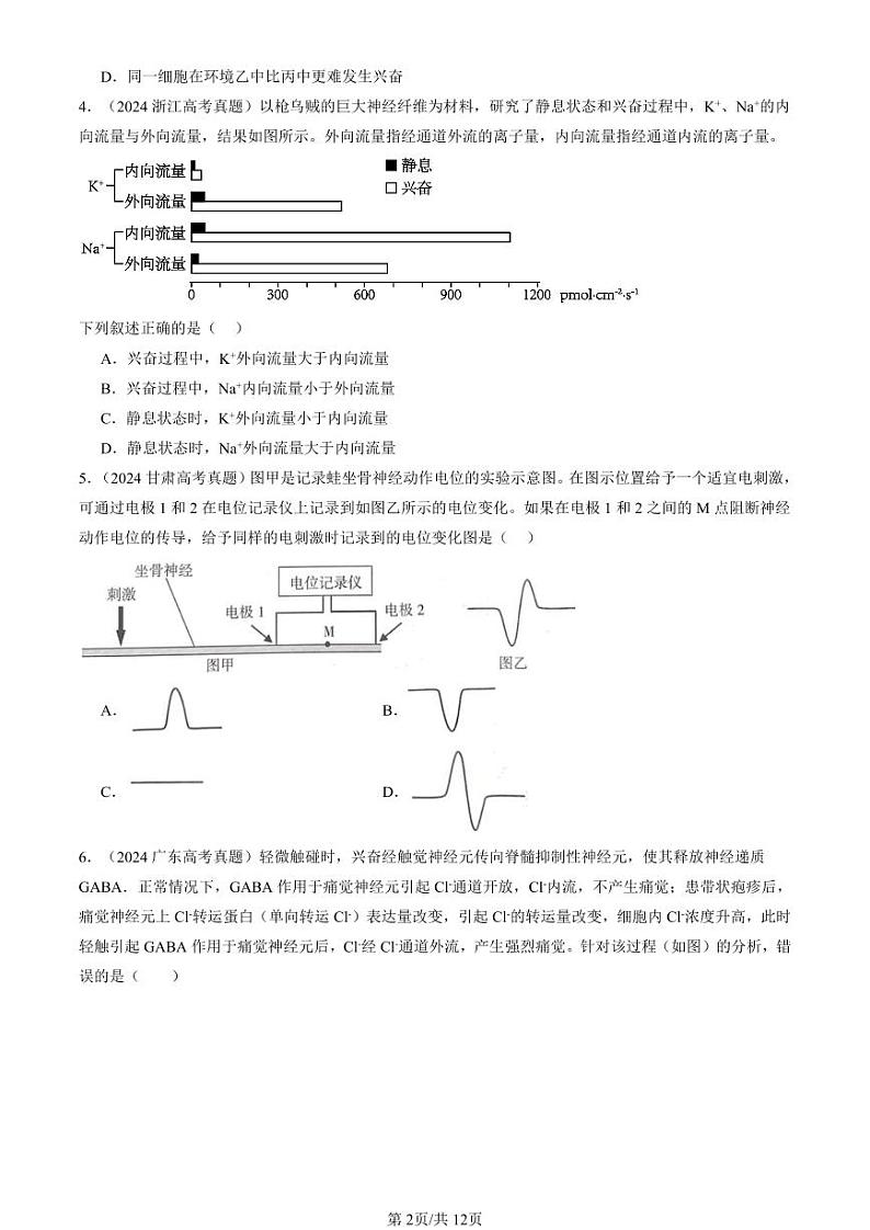 2024全国高考真题生物汇编：神经冲动的产生和传导第2页