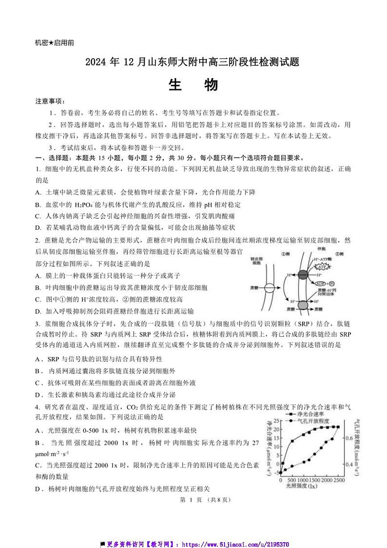 2025届山东省济南市历区山东师范大学附属中学高三下上12月考试卷生物(含答案)第1页