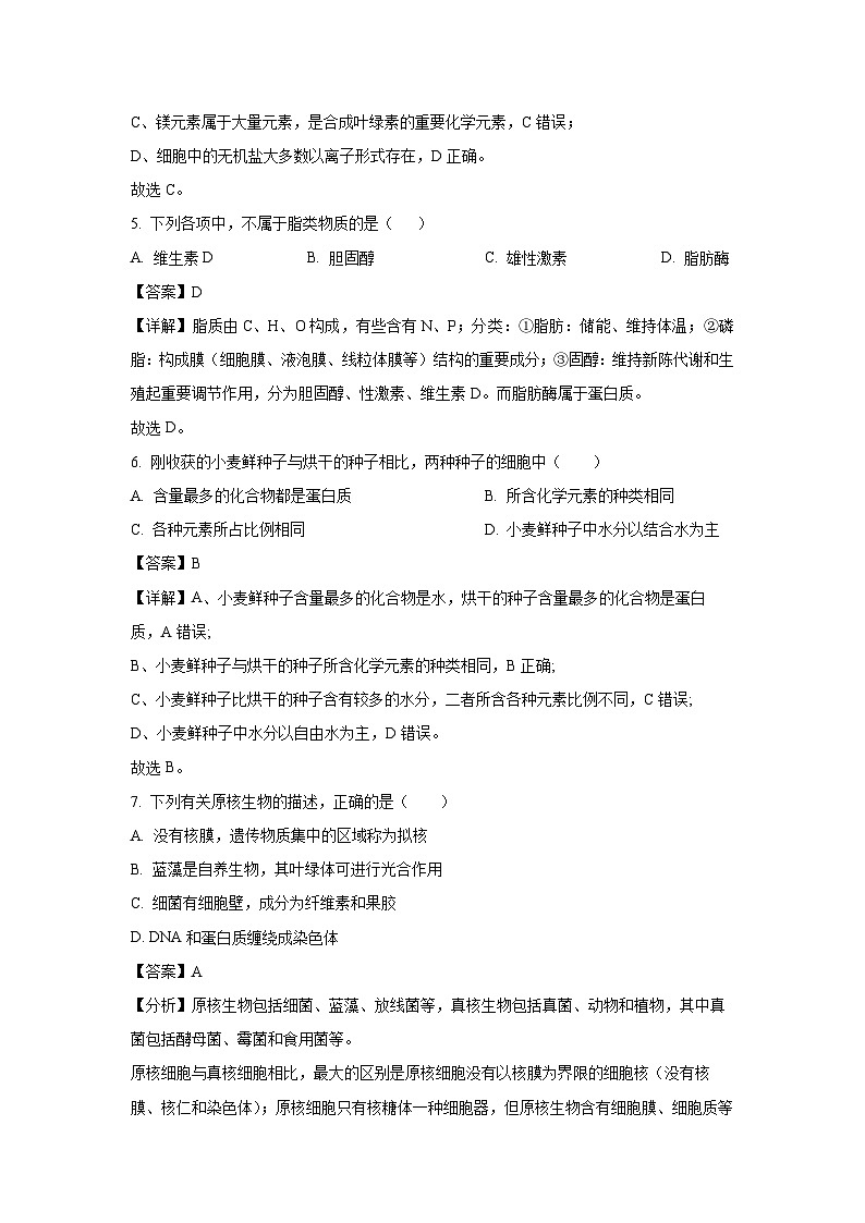 2023~2024学年江苏省泰州市姜堰区高一上11月期中生物试卷（解析版）第3页