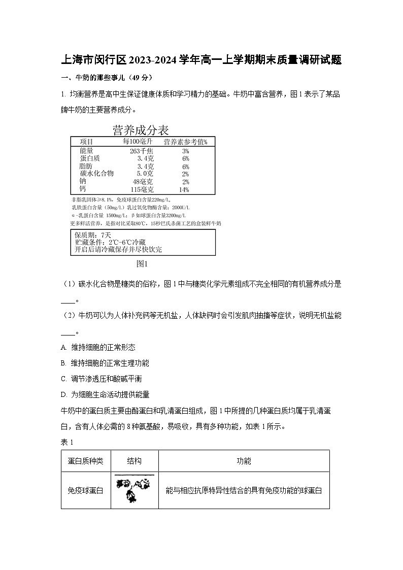 2023~2024学年上海市闵行区高一上期末质量调研生物试卷（解析版）第1页