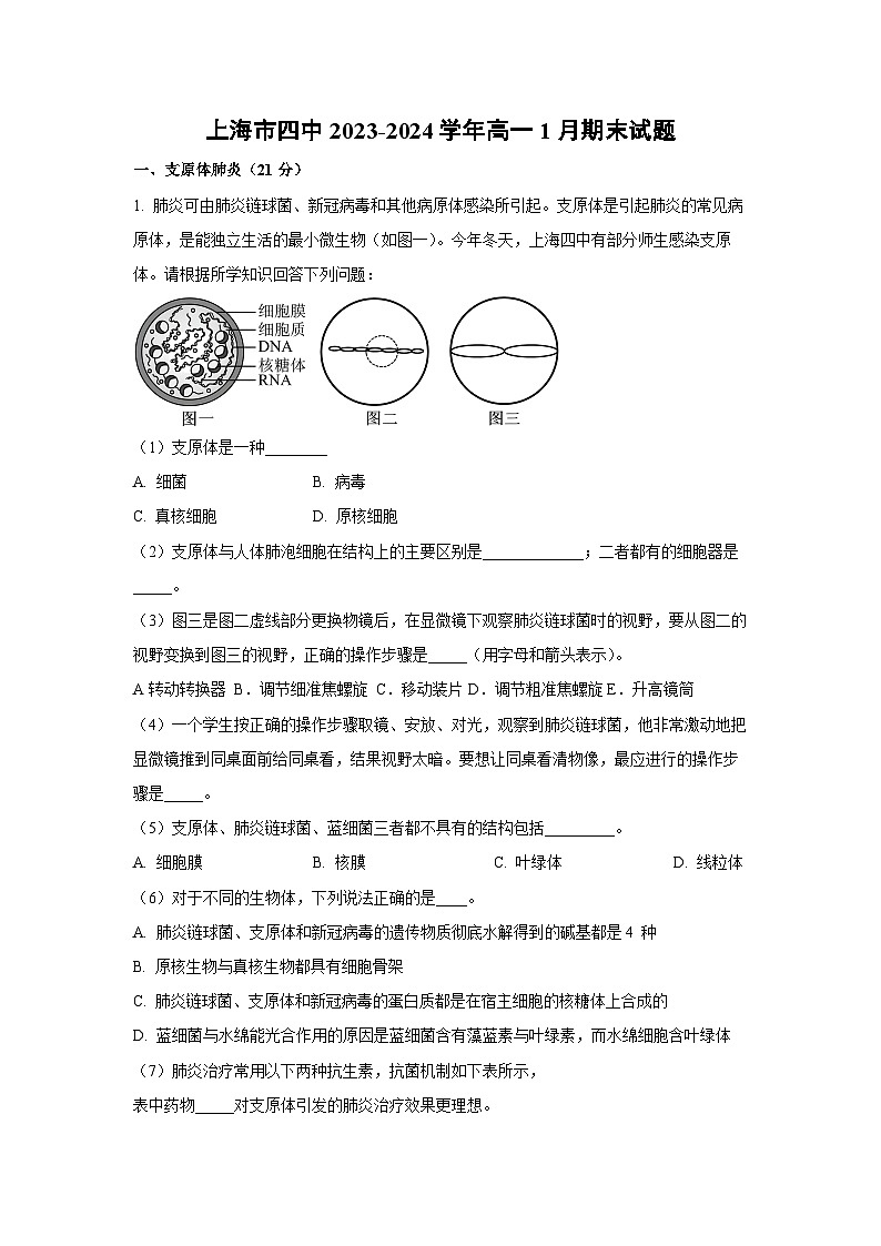 2023~2024学年上海市四中高一上1月期末生物试卷（解析版）第1页