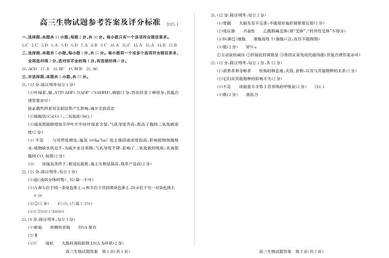 山东省滨州市2024-2025学年高三上学期1月期末考试生物答案第1页