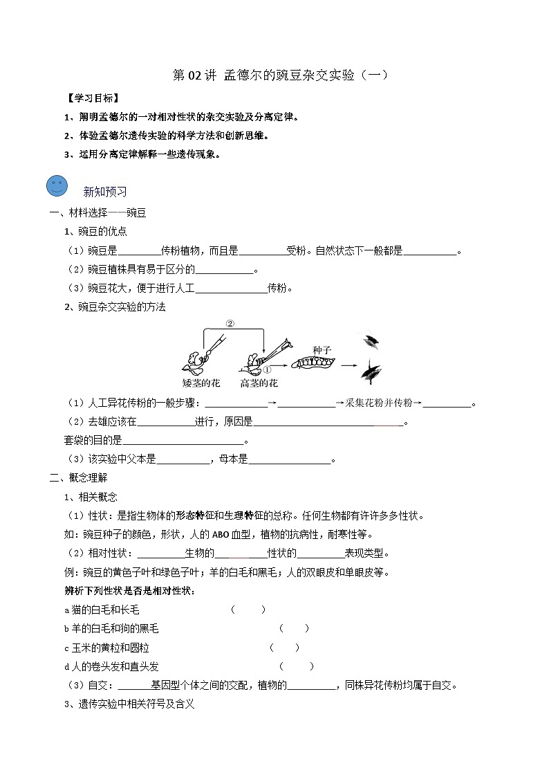 2025年高一生物寒假衔接讲练【人教版】第02讲 孟德尔的豌豆杂交实验（一）（原卷版）第1页