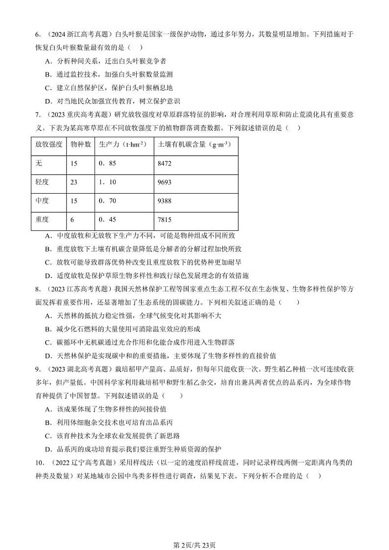 2022-2024全国高考真题生物汇编：生物多样性及其保护第2页