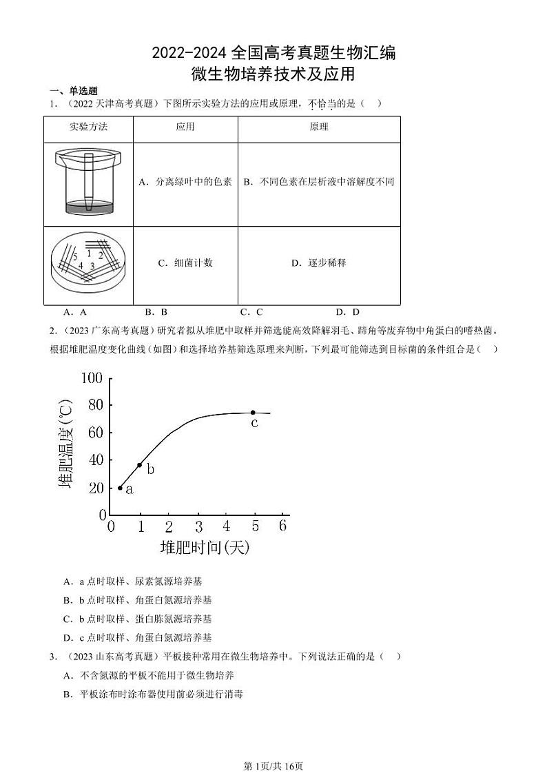 2022-2024全国高考真题生物汇编：微生物培养技术及应用第1页