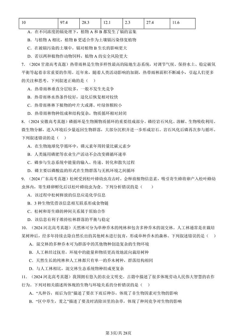 2024全国高考真题生物汇编：生态系统及其稳定性章节综合第3页