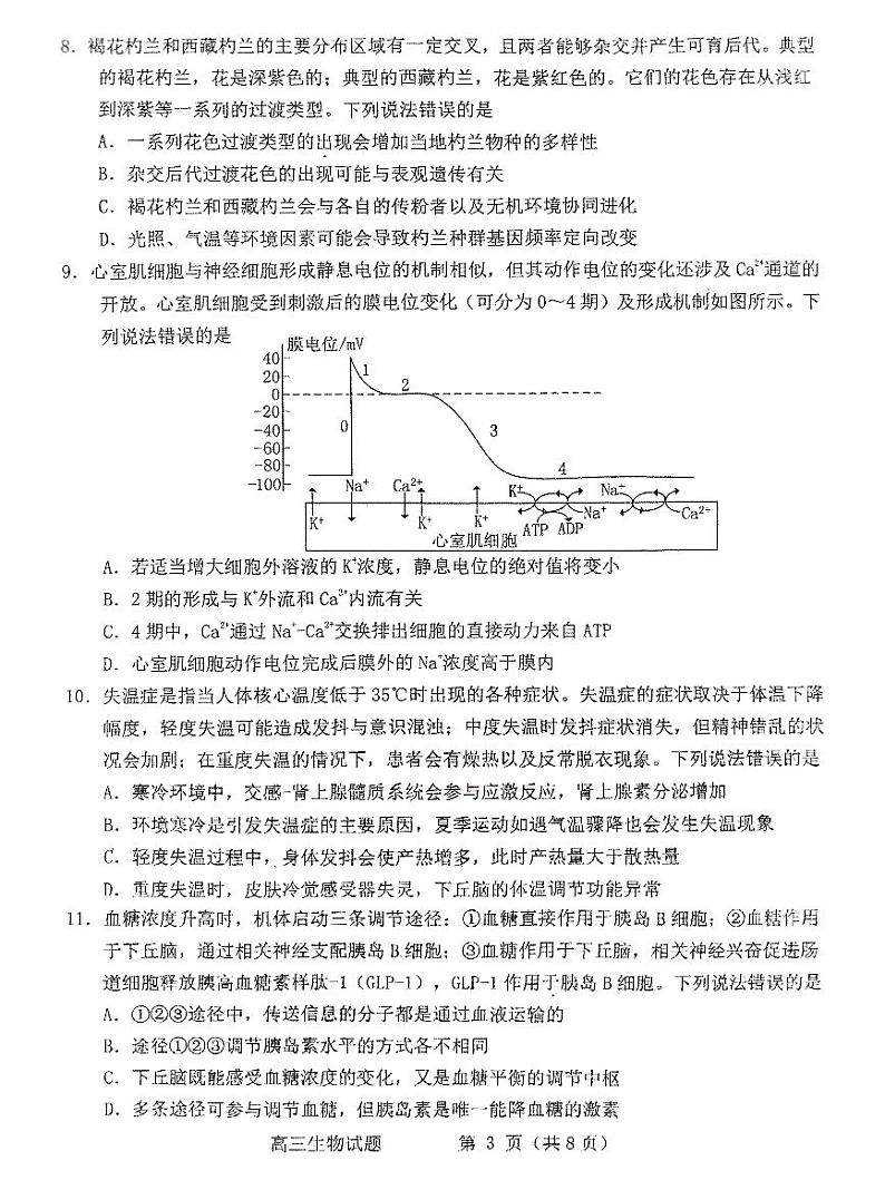 山东省烟台市2025届高三上学期1月期末学业水平诊断-生物试卷+答案第3页