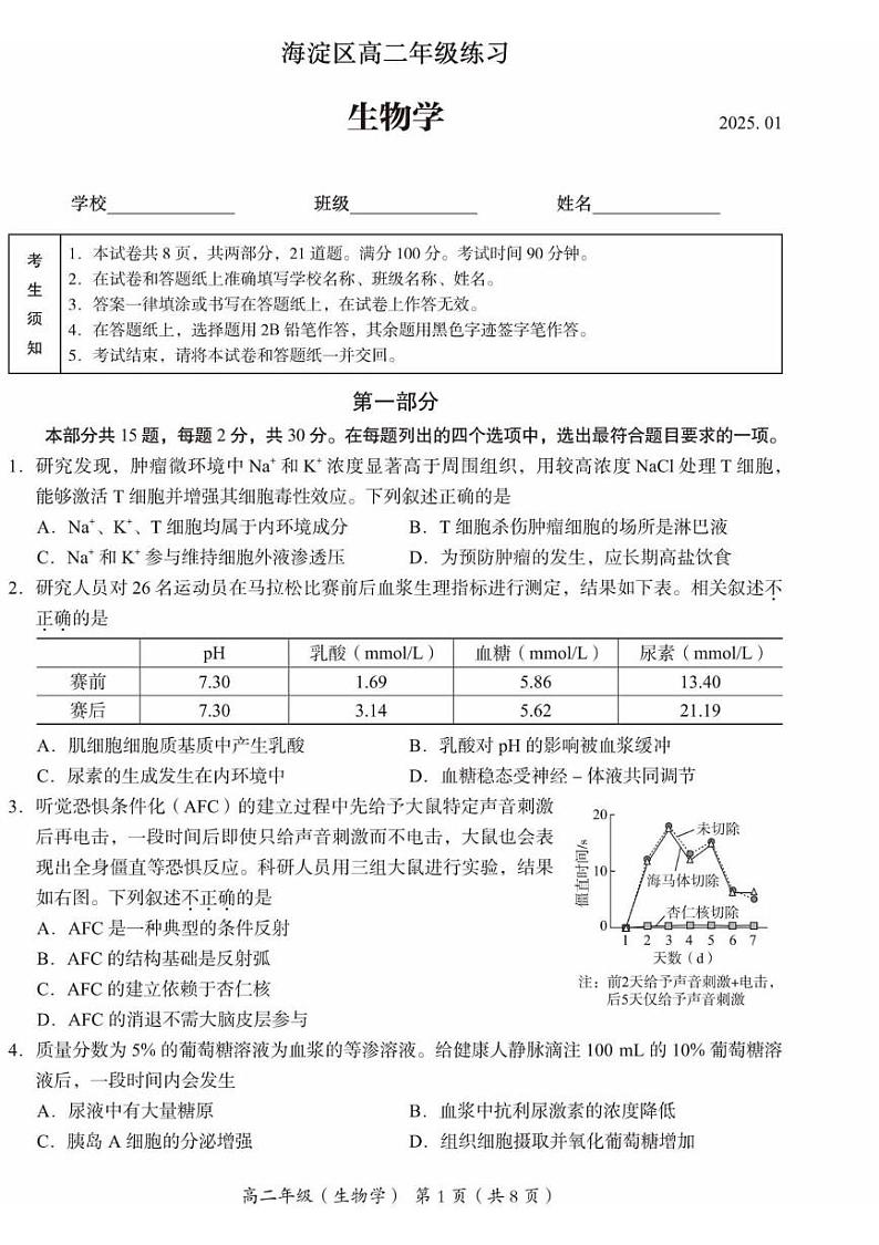 北京市海淀区2024-2025学年高二上学期1月期末考试生物试卷第1页