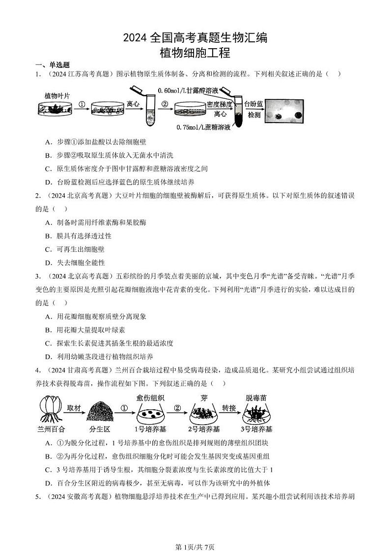 2024全国高考真题生物汇编：植物细胞工程第1页