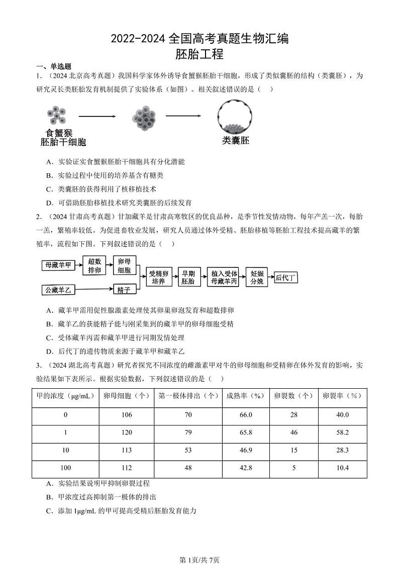 2022-2024全国高考真题生物汇编：胚胎工程第1页