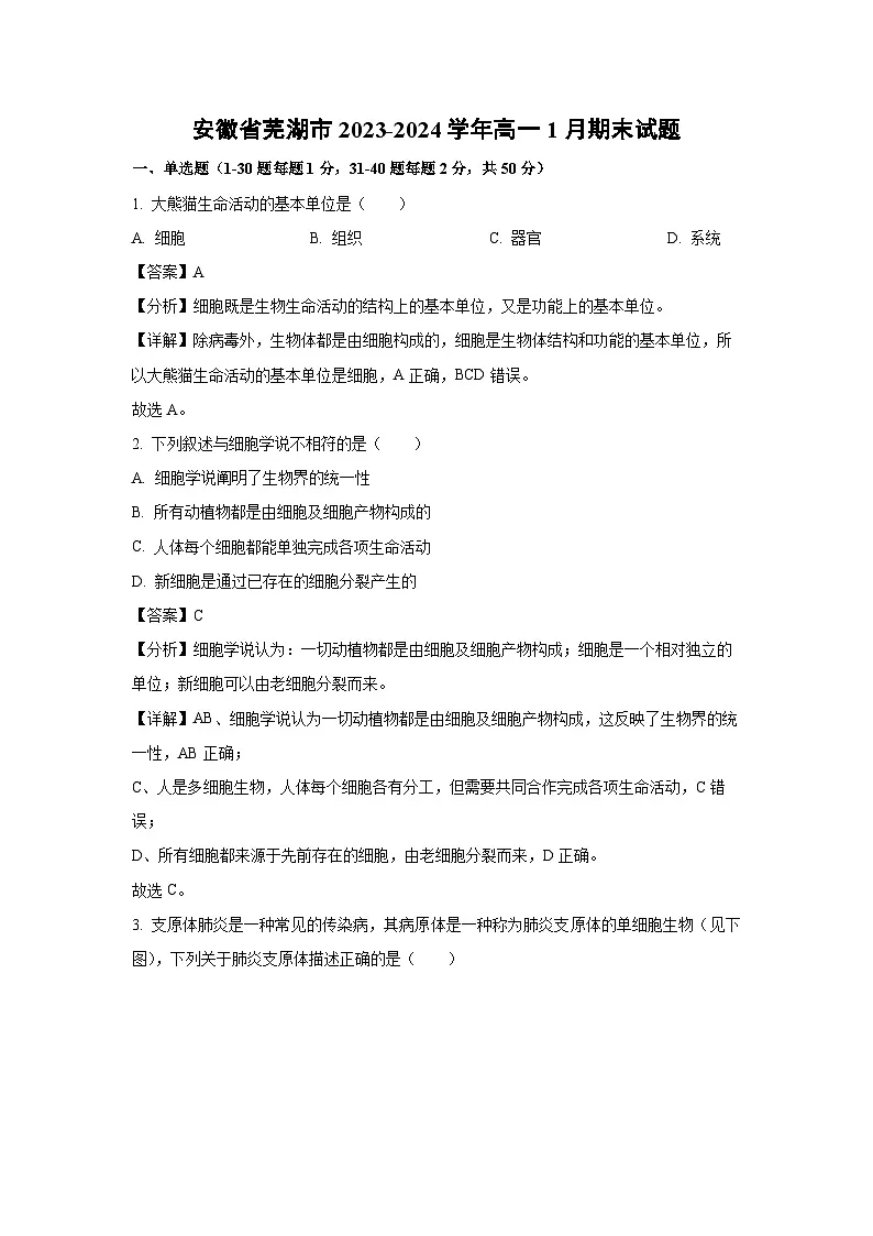 安徽省芜湖市2023-2024学年高一上学期1月期末生物试卷（解析版）第1页
