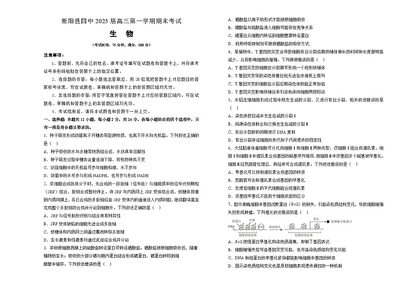 湖南省衡阳市衡阳县第四中学2024-2025学年高三上学期1月期末生物试题（含答案）第1页