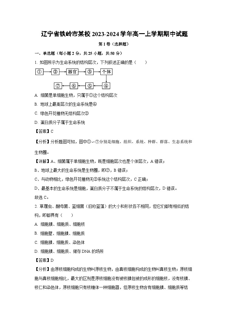 2023~2024学年辽宁省铁岭市某校高一上学期期中生物试卷（解析版）第1页