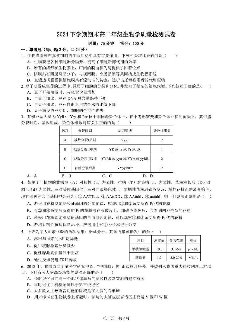 湖南省浏阳市2024-2025学年高二上学期期末考试生物试卷第1页