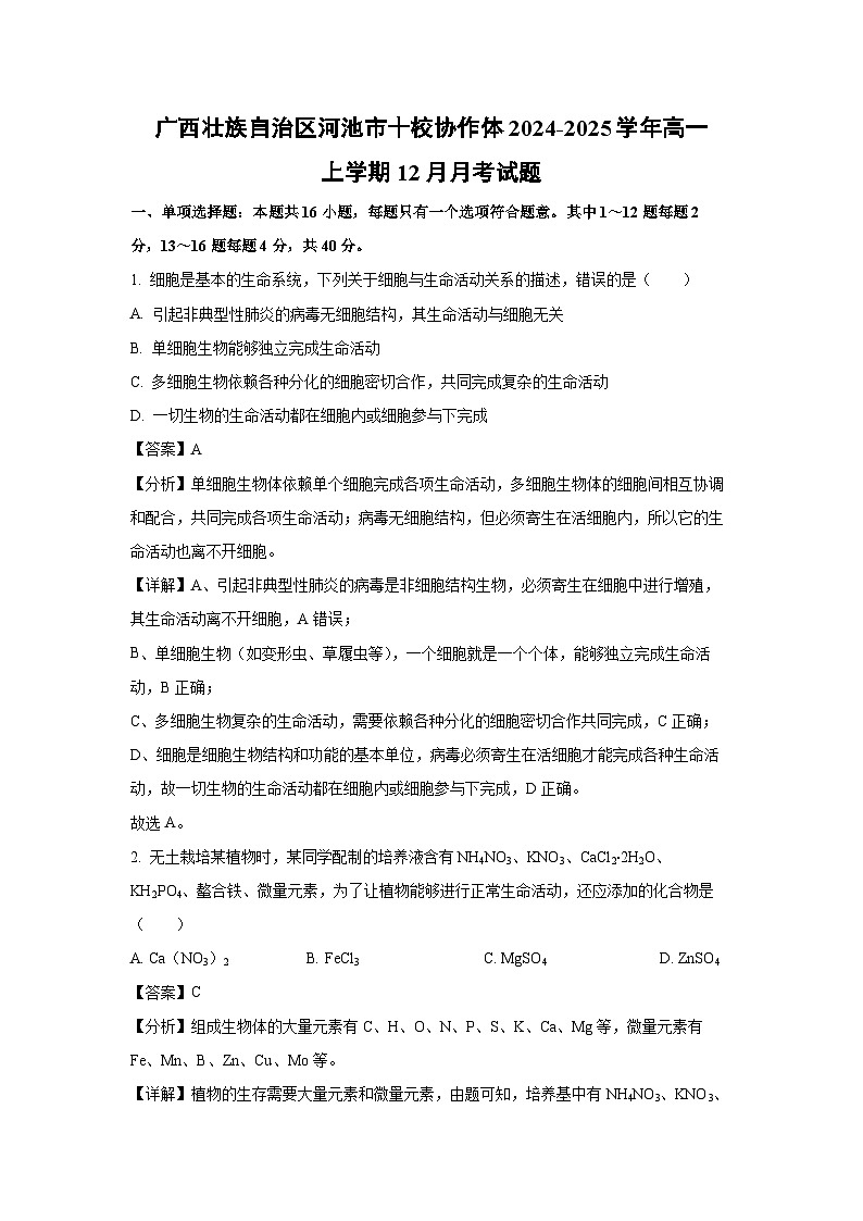 2024~2025学年广西壮族自治区河池市十校协作体高一上学期12月月考生物试卷（解析版）第1页