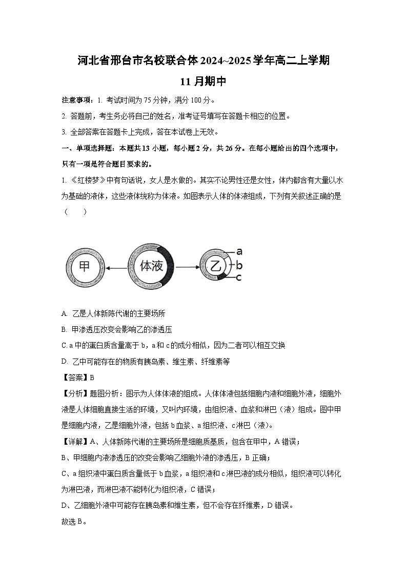 2024~2025学年河北省邢台市名校联合体高二上学期11月期中生物试卷（解析版）第1页