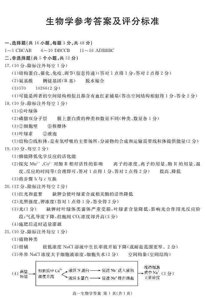 2027届地区期末生物答案简答第1页