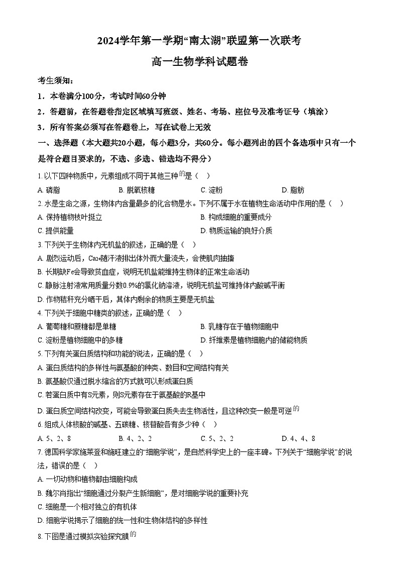 浙江省”南太湖“联盟2024-2025学年高一上学期第一次联考生物试题   Word版无答案第1页